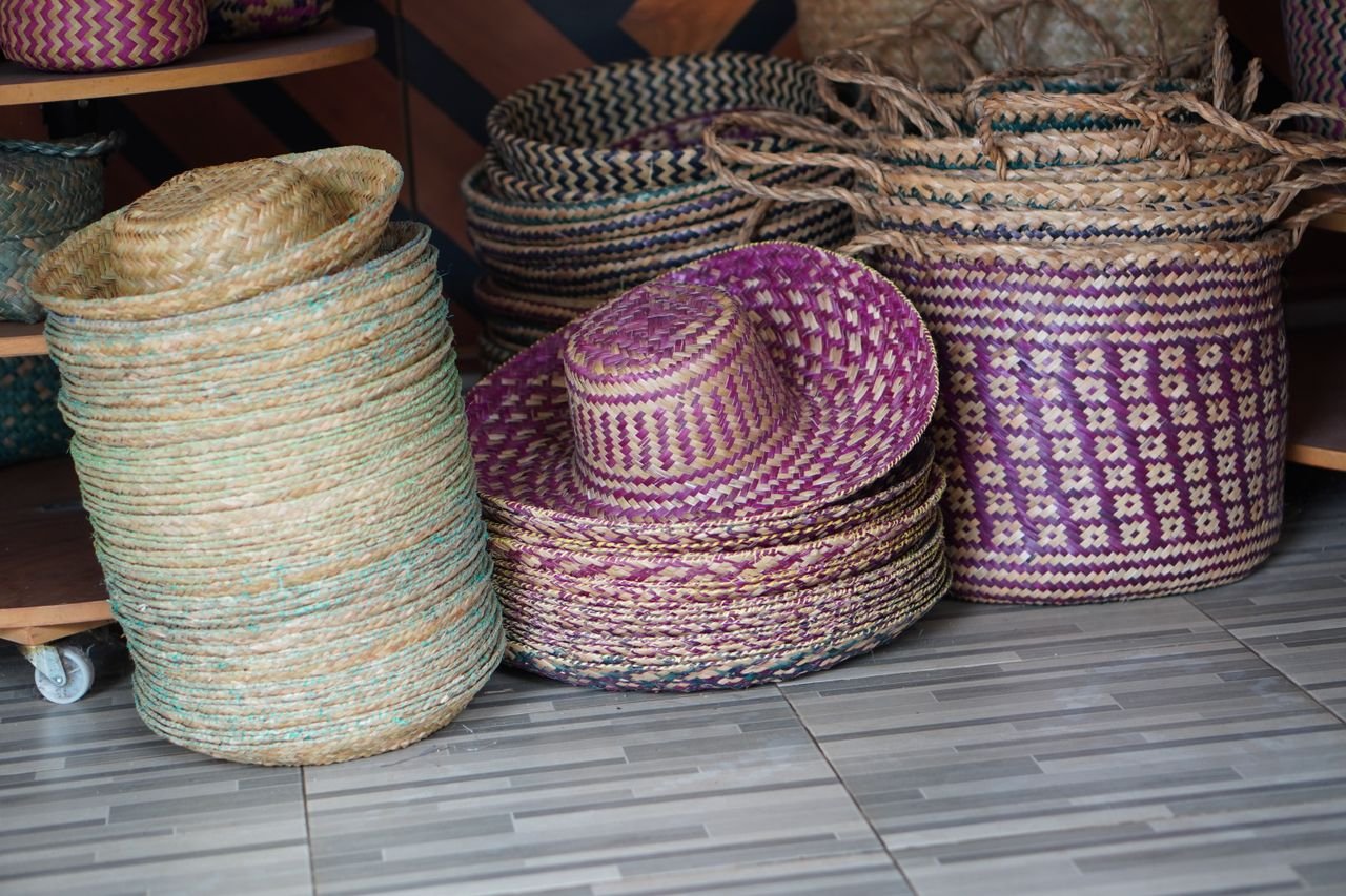 Colorful woven baskets showcasing traditional Indonesian craftsmanship from South Kalimantan.